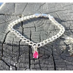 Made in Italy 925 Sterling Silver Pink Sapphire Link Bracelet Pear Dangle Charm